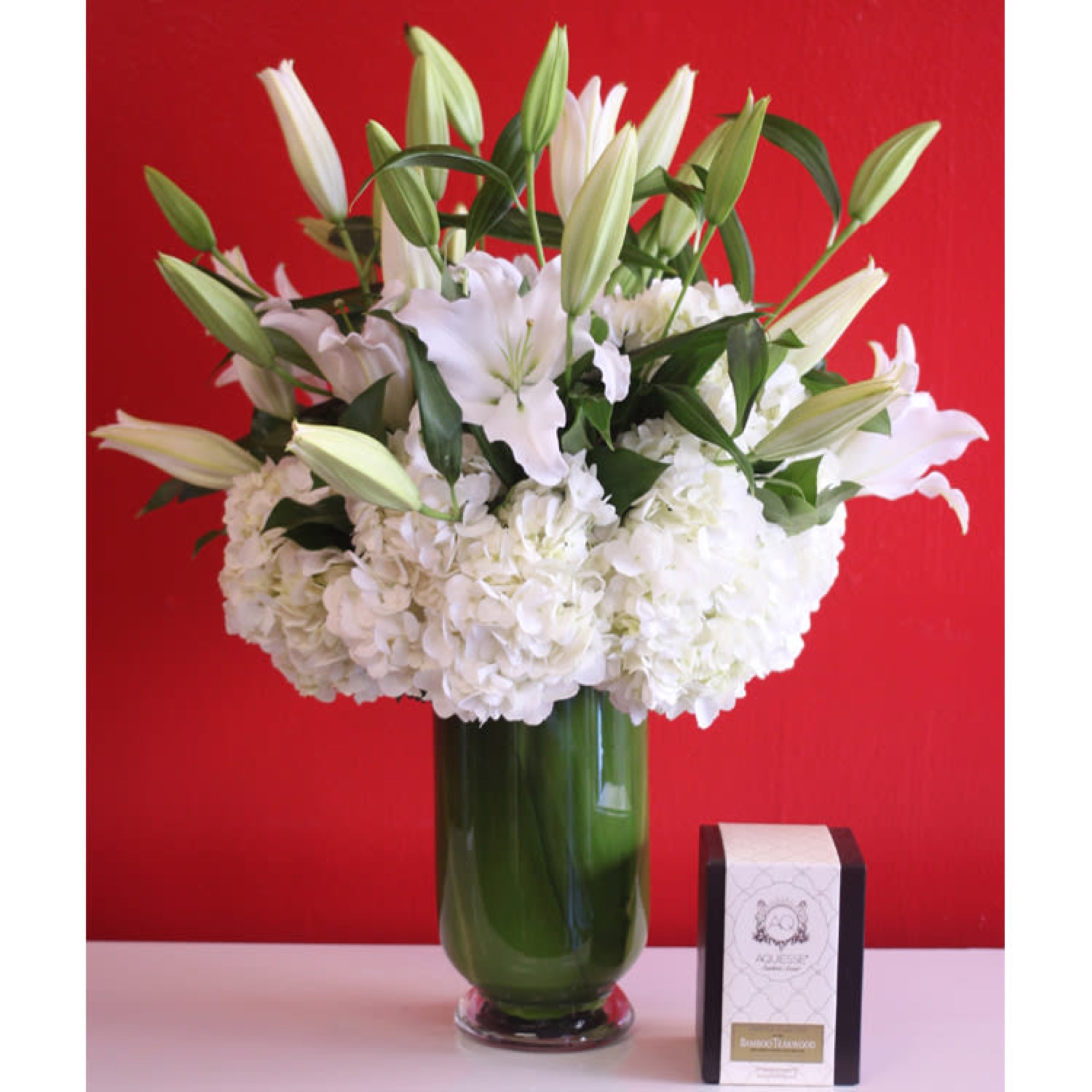 Classic Whites — hydrangeas arrangement, hand-composed in The Flower Lover atelier in Huntington Beach