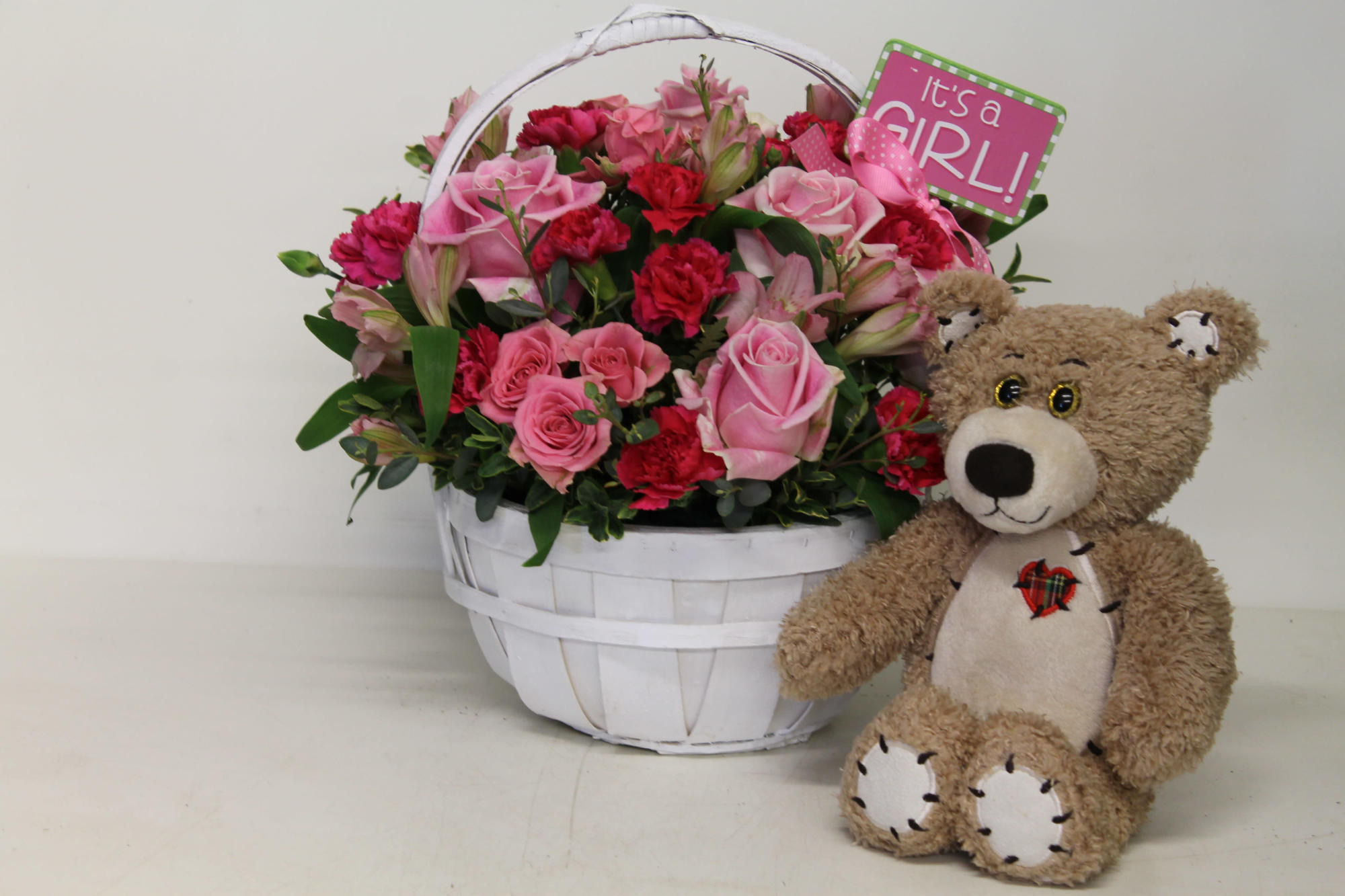 Girl & Bear — roses arrangement, hand-composed in The Flower Lover atelier in Huntington Beach