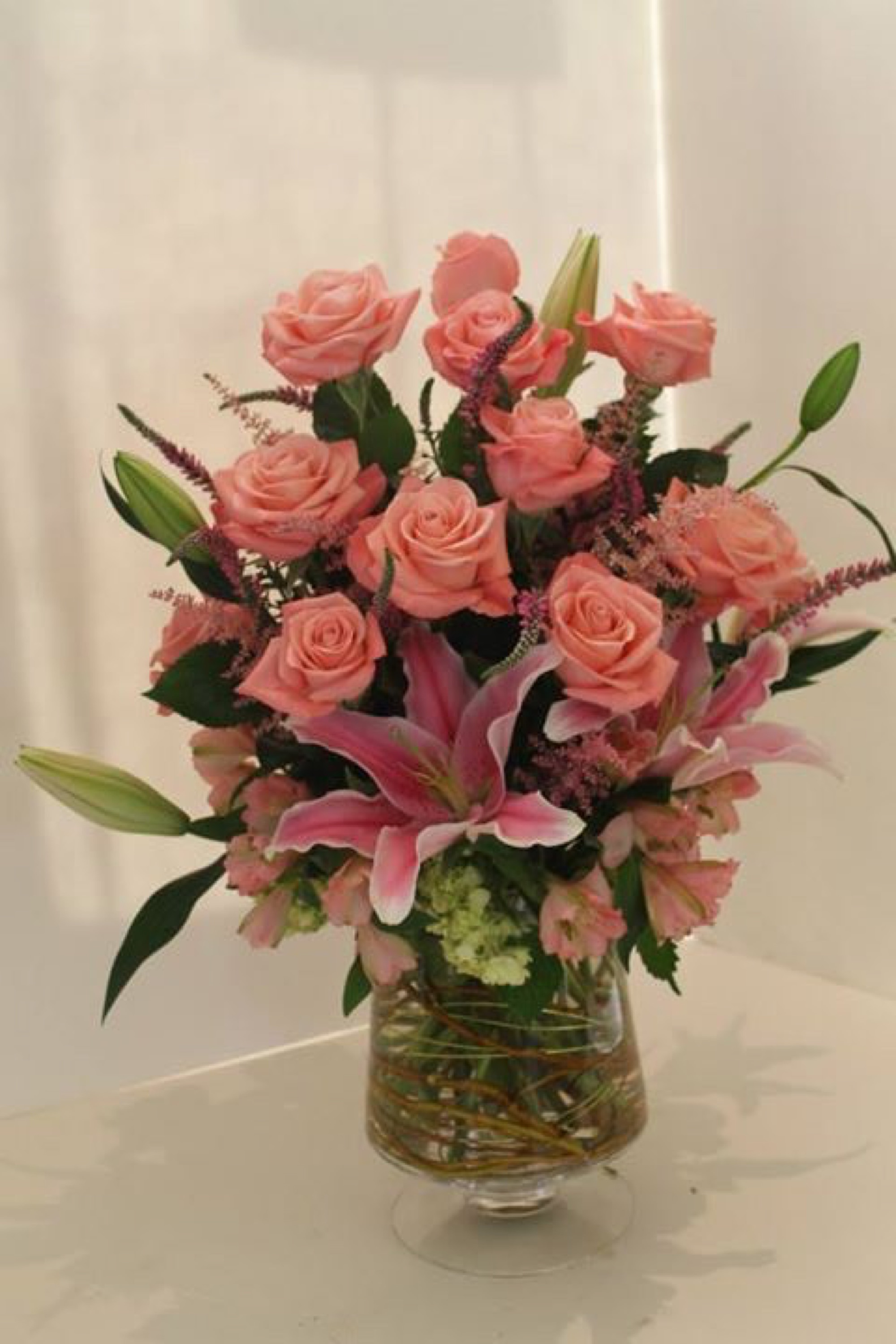 Pink reflection — lilies arrangement, hand-composed in The Flower Lover atelier in Huntington Beach