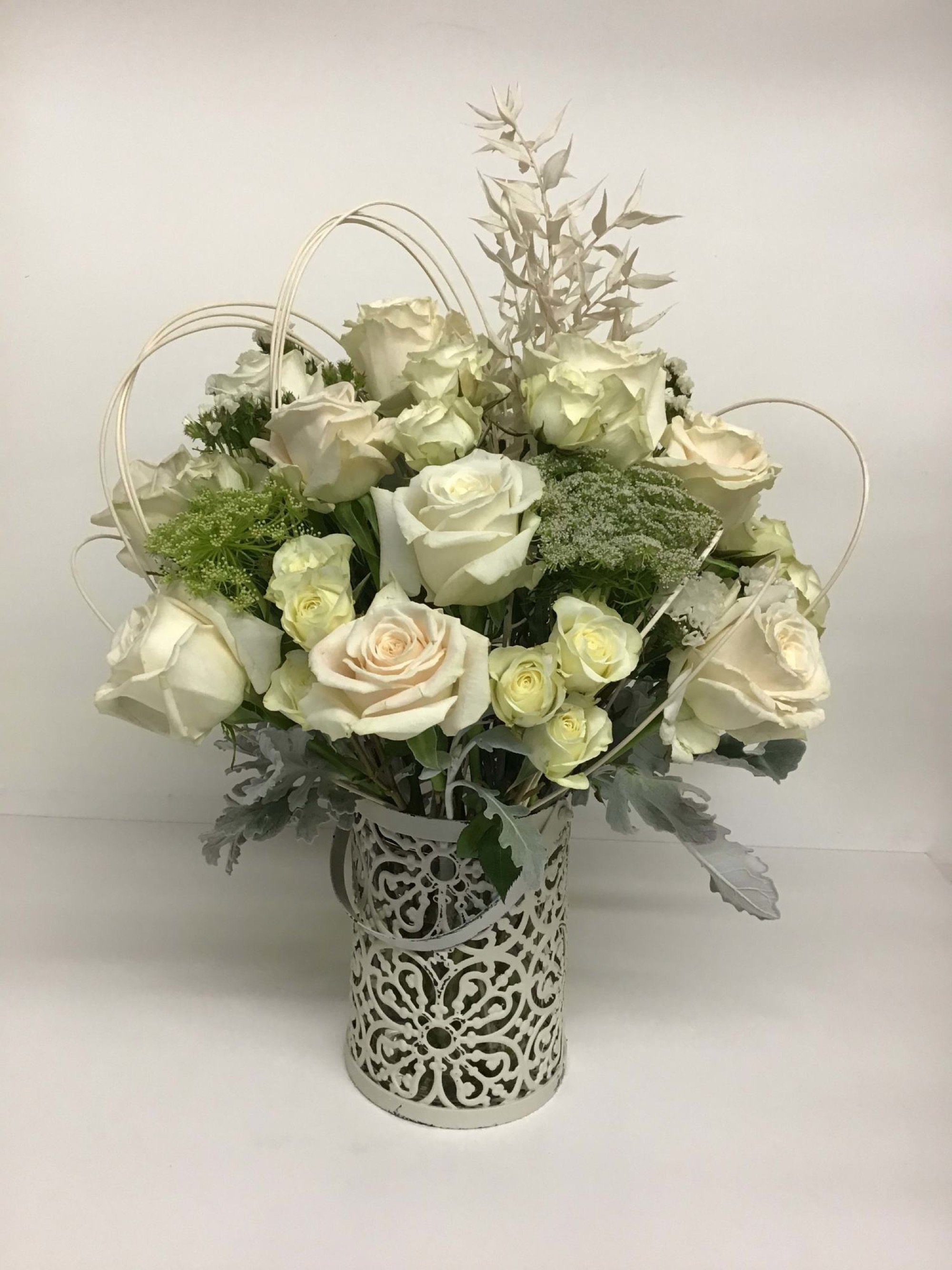 White Lantern — roses arrangement, hand-composed in The Flower Lover atelier in Huntington Beach